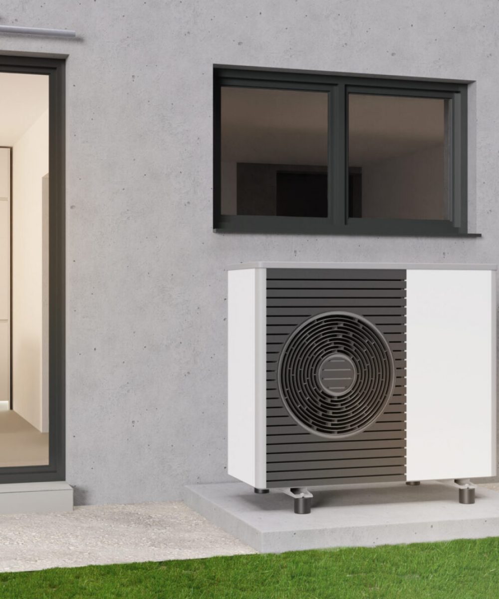 Air heat pump standing outdoors. Modern, environmentally friendly heating. Save your money with air pump. Air source heat pumps are efficient and renewable source of energy. 3d rendering