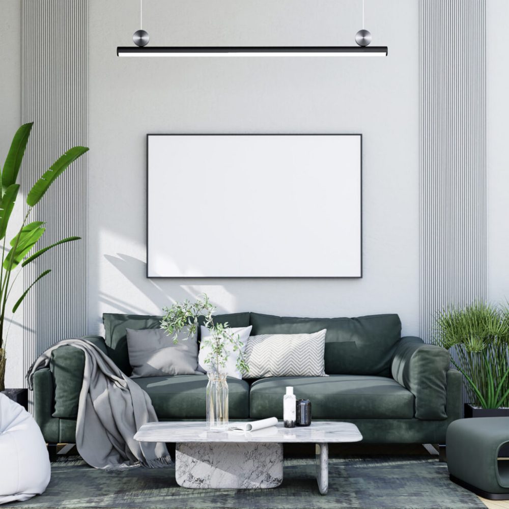 mock up poster frame in modern interior fully furnished rooms background, living room, 3D rendering